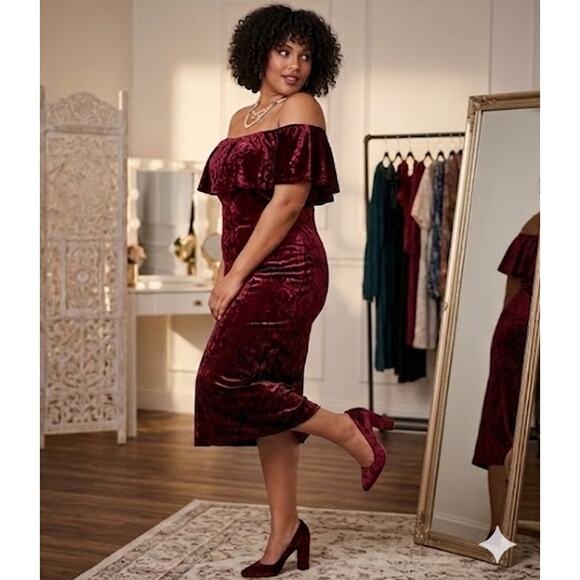 B Darlin Dresses & Skirts - B. Darlin Midi Dress Velvet Off-Shoulder Ruffle Crimson Whimsigoth Coquette